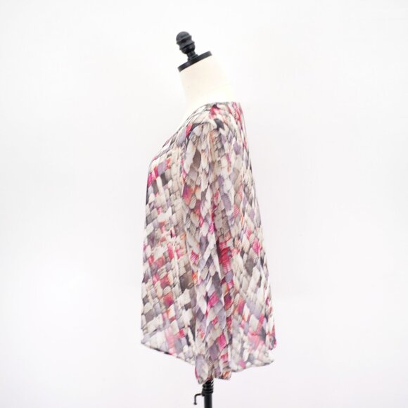 Liz Claiborne Petite PXL Sheer Gray Cream‎ Red Blouse Round Neck Top Long Sleeve - Picture 4 of 9